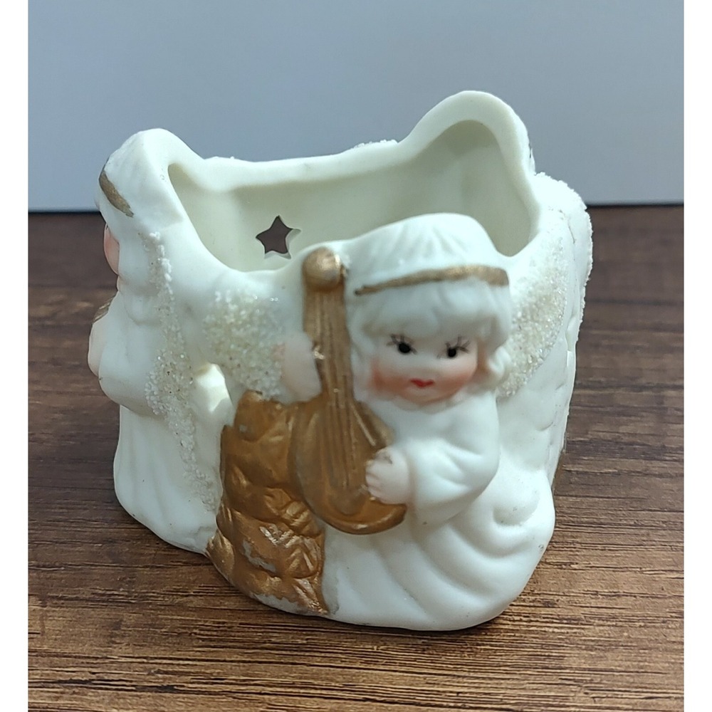 Holiday Angel Tea Light Candle Holder White Gold Christmas Decor Harp Mandolin
